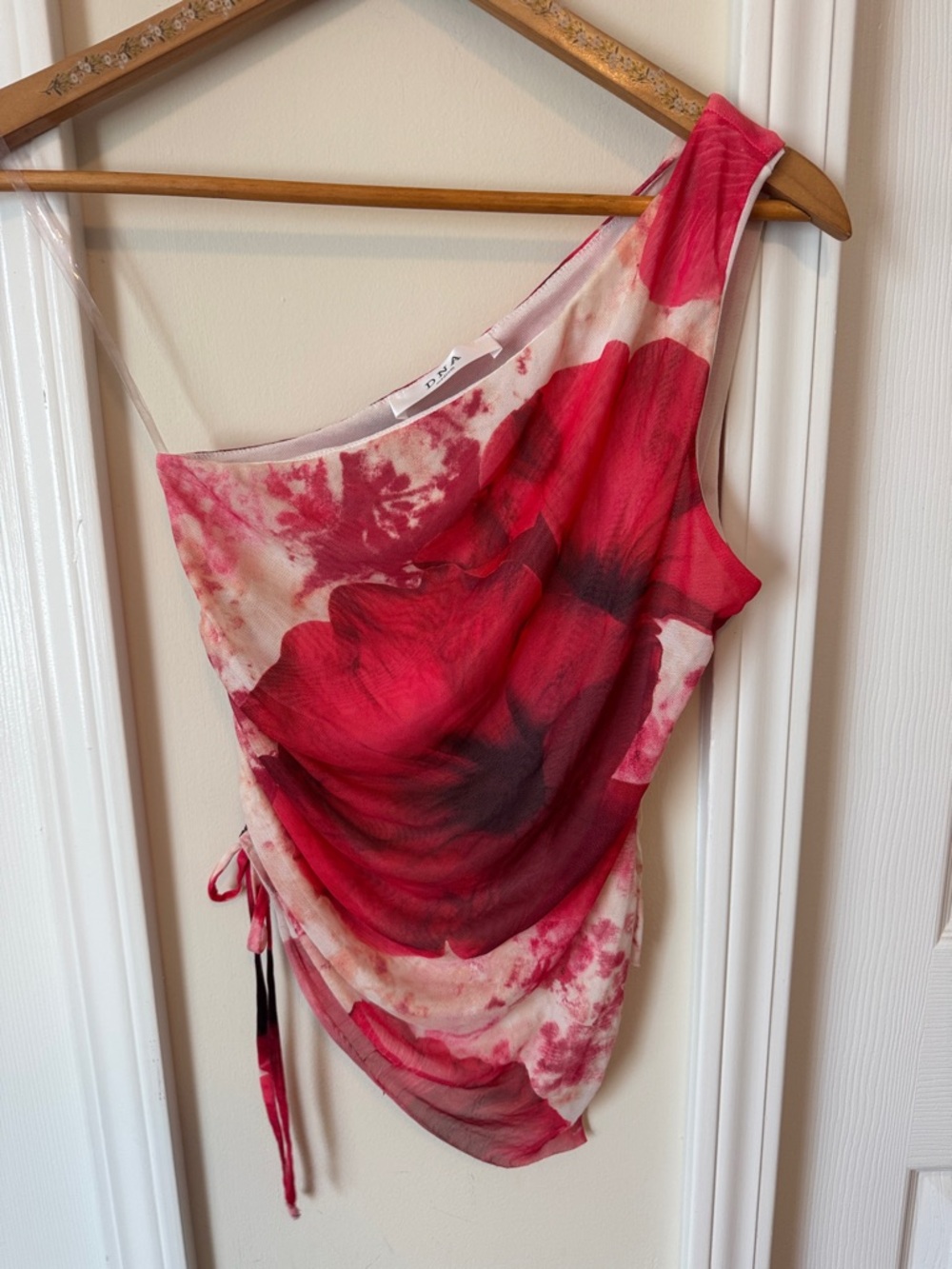 DNA couture Red & Pink One-Shoulder Draped Blouse